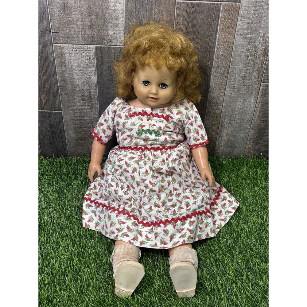 Vintage 1950s Doll Red Hair Sleep Eyes Floral Dress + Cinderella Shoes